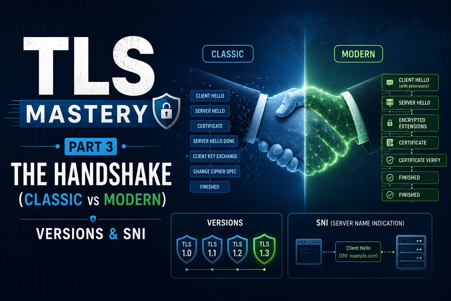 TLS Mastery — Part 3: The TLS Handshake (Classic vs Modern), Versions & SNI